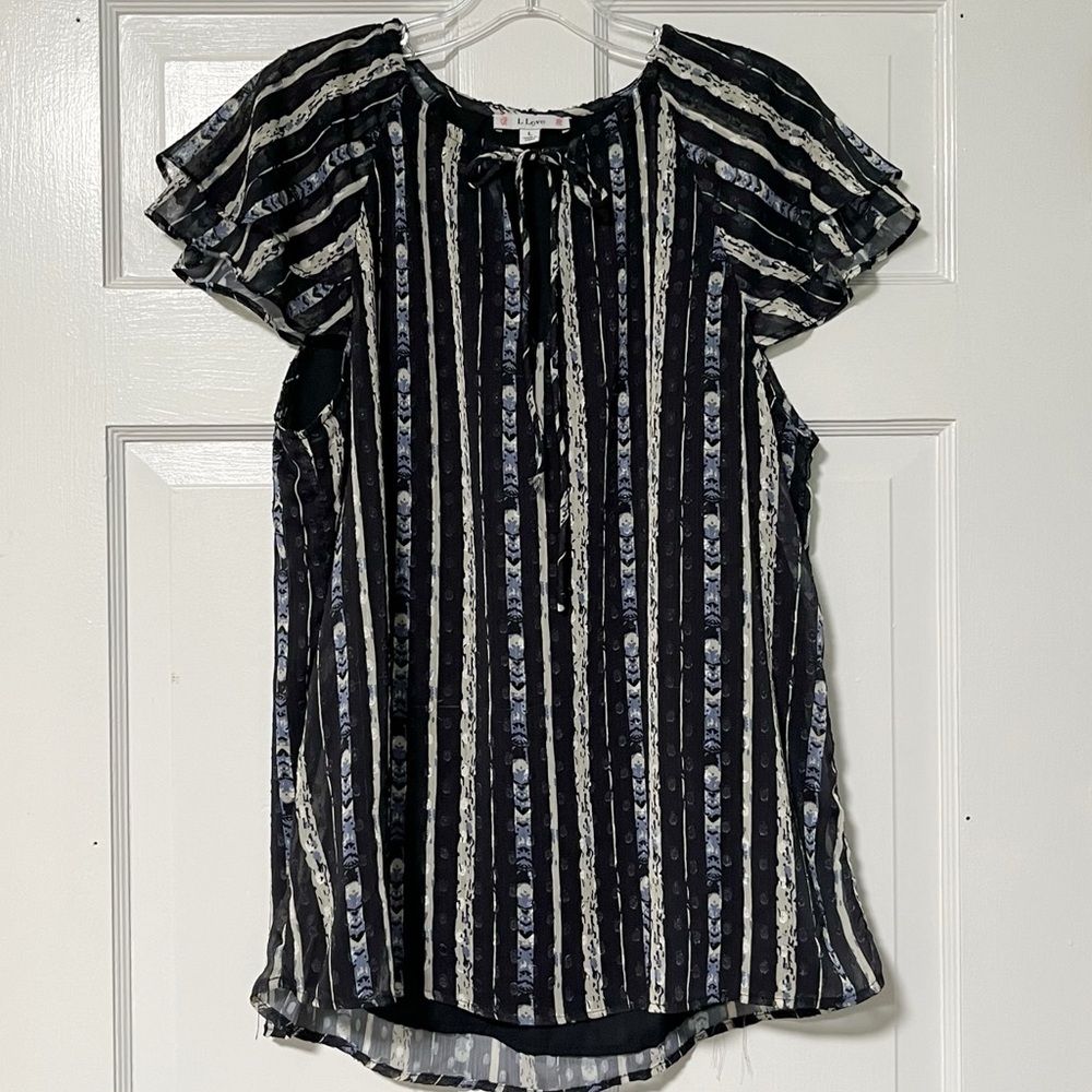 L Love Feminine short flutter sleeves striped lined tie-neck loose fit blouse